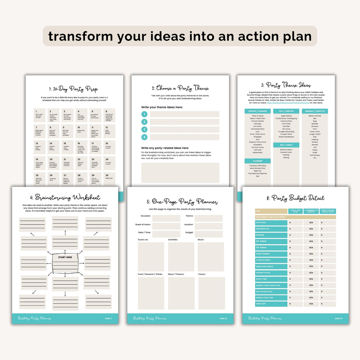 Create a party action plan - Party planning prompt worksheets - Birthday Party Planner by The Party Teacher