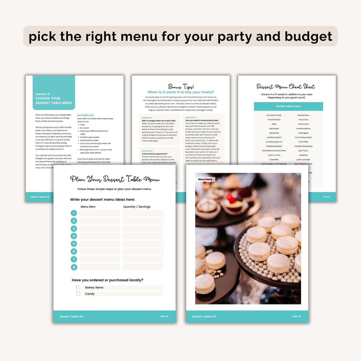 Pick your dessert table menu - Dessert Tables 101 eBook INSTANT DOWNLOAD - The Party Teacher