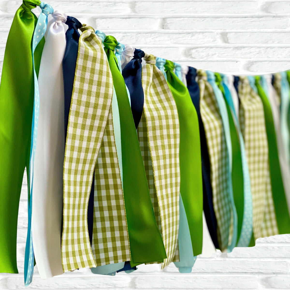 Blue green gold ribbon bunting - The Party Teacher - left side view