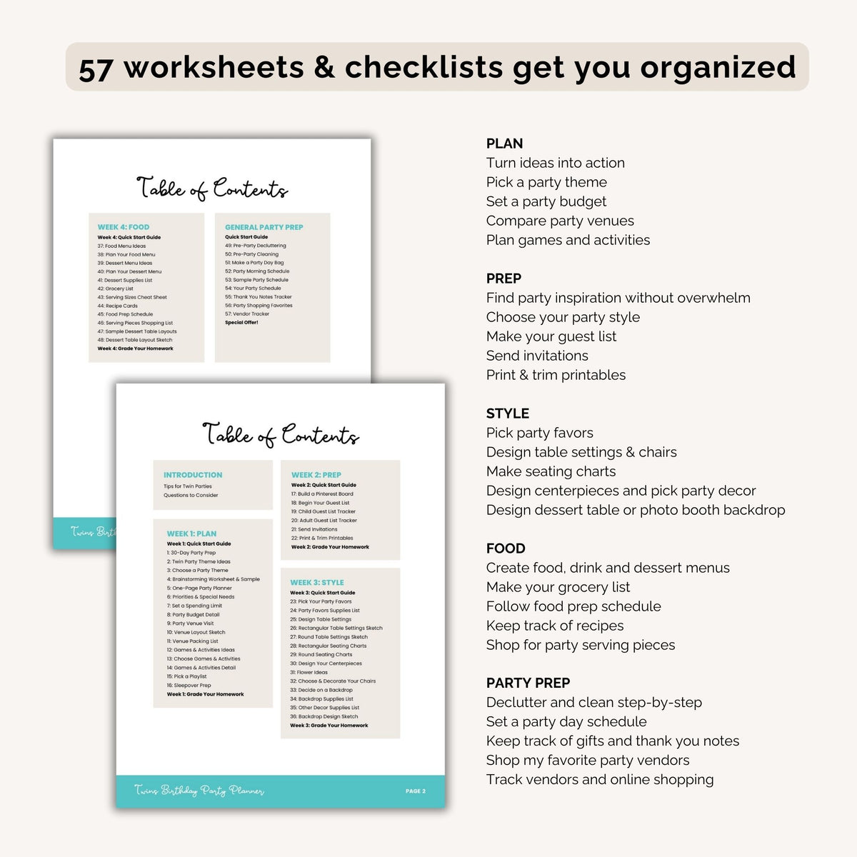 Twins Birthday Party Planner - table of contents - The Party Teacher