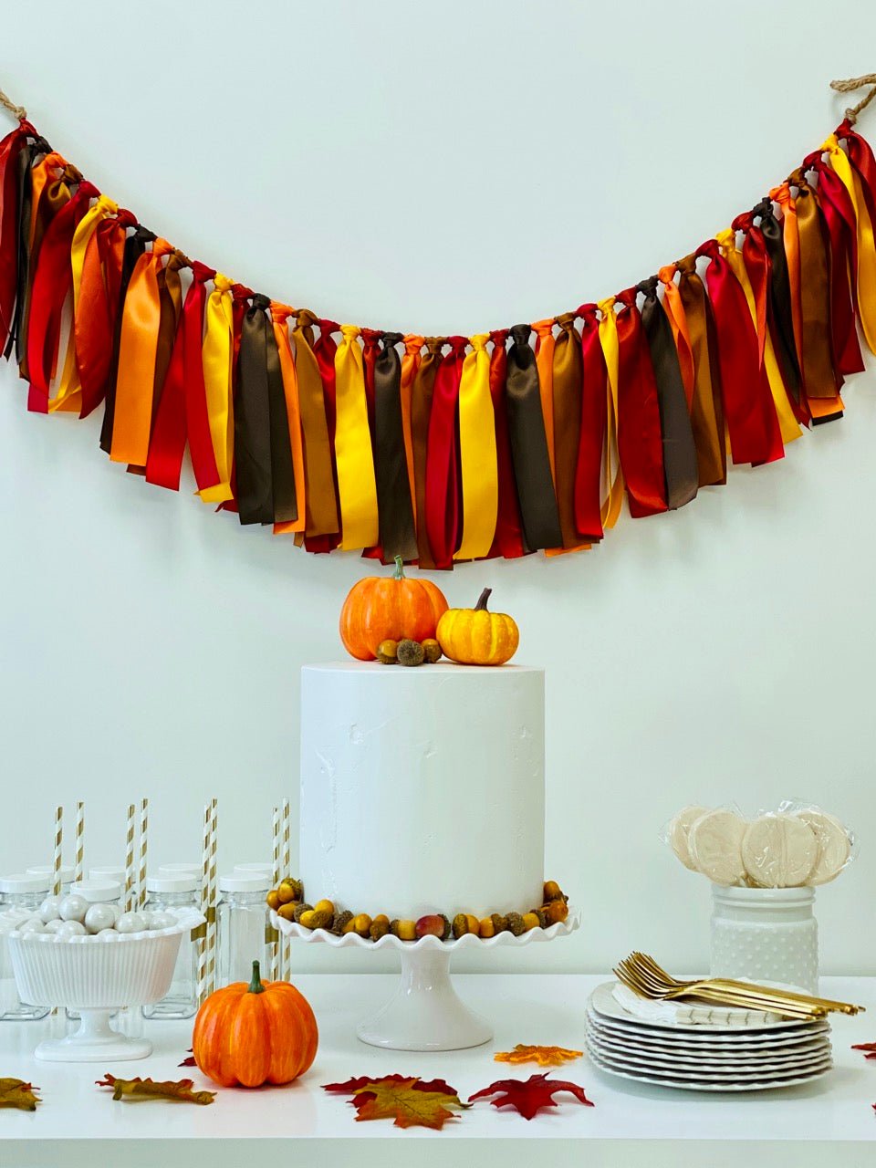 Autumn Thanksgiving Ribbon Bunting - FREE Shipping - The Party Teacher - hung above dessert table