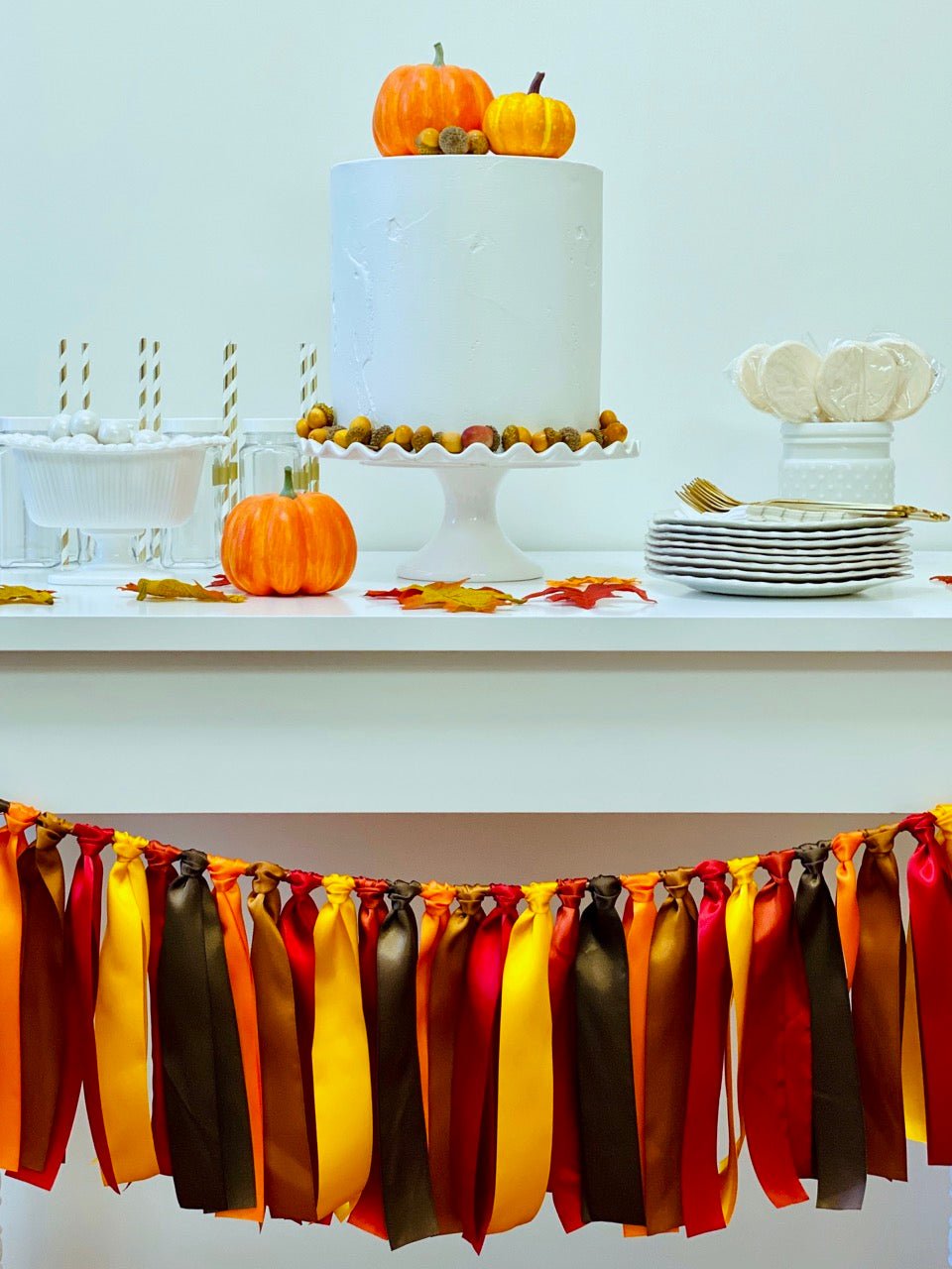 Autumn Thanksgiving Ribbon Bunting - FREE Shipping - The Party Teacher - hung in front of dessert table