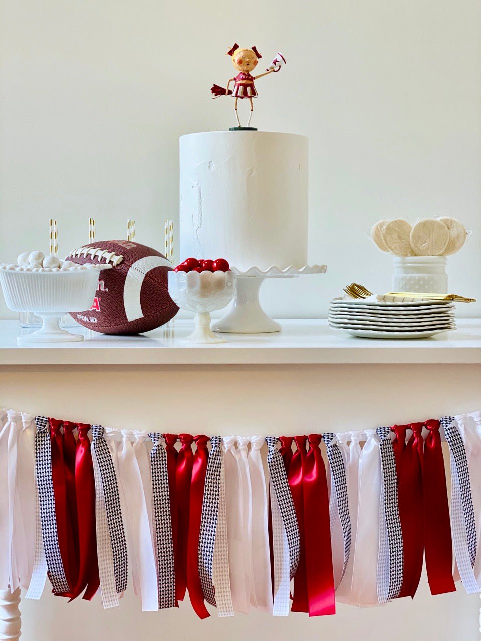 Crimson Houndstooth Ribbon Bunting - FREE Shipping - The Party Teacher - hung in front of dessert table