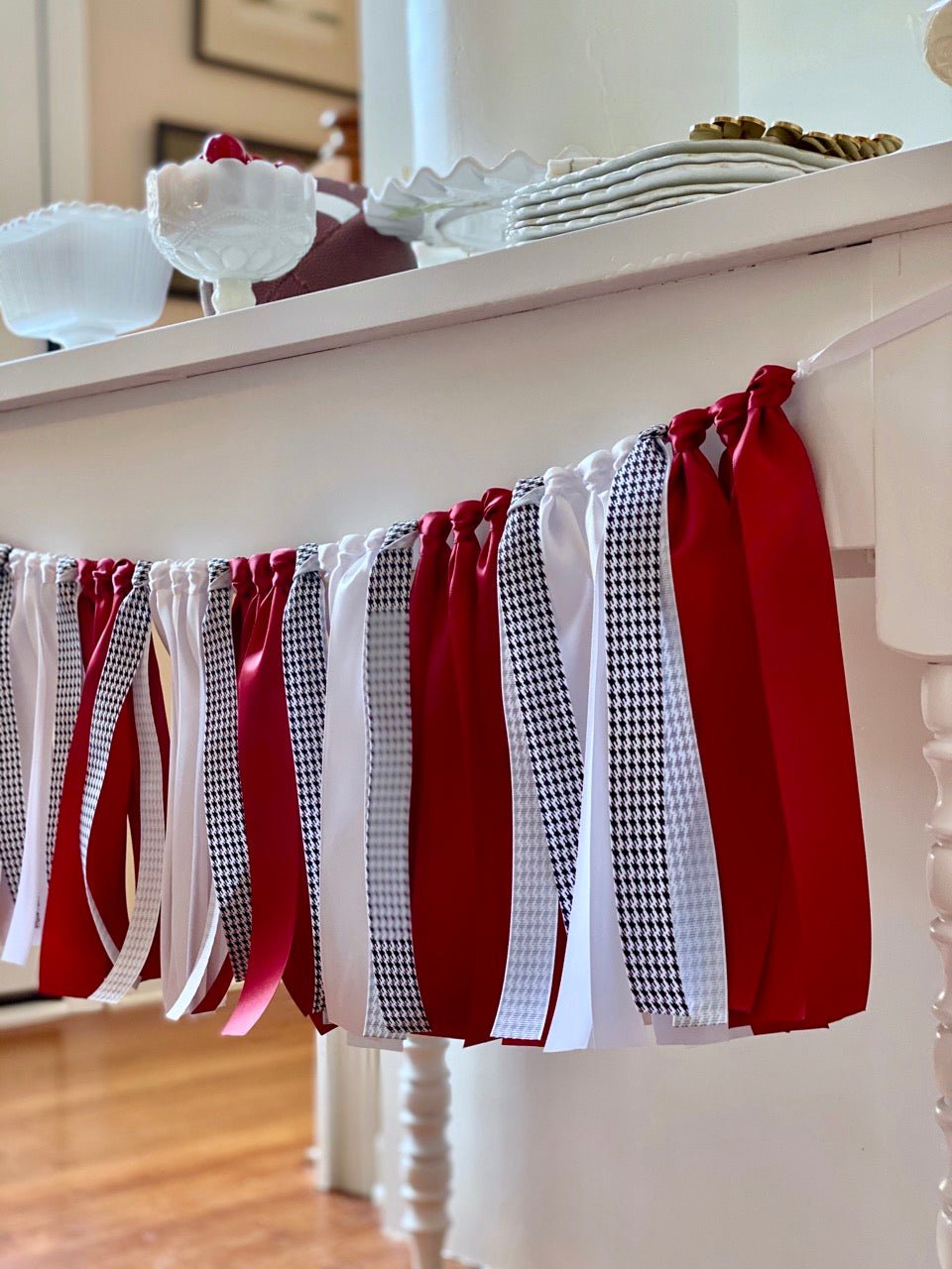 Crimson Houndstooth Ribbon Bunting - FREE Shipping - The Party Teacher - in front of dessert table