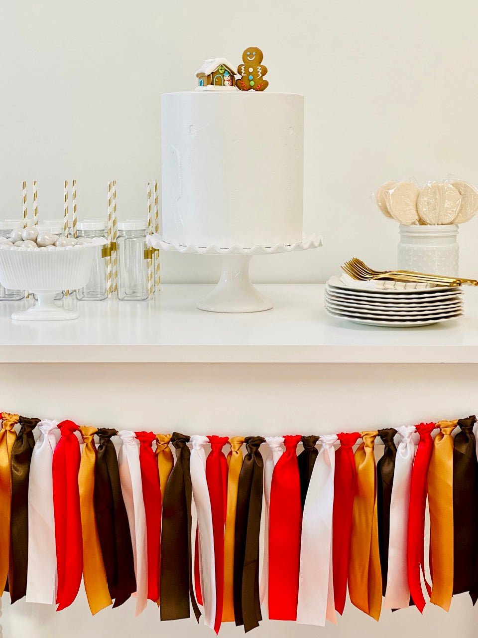 Gingerbread Ribbon Bunting - FREE Shipping - The Party Teacher - hung in front of dessert table