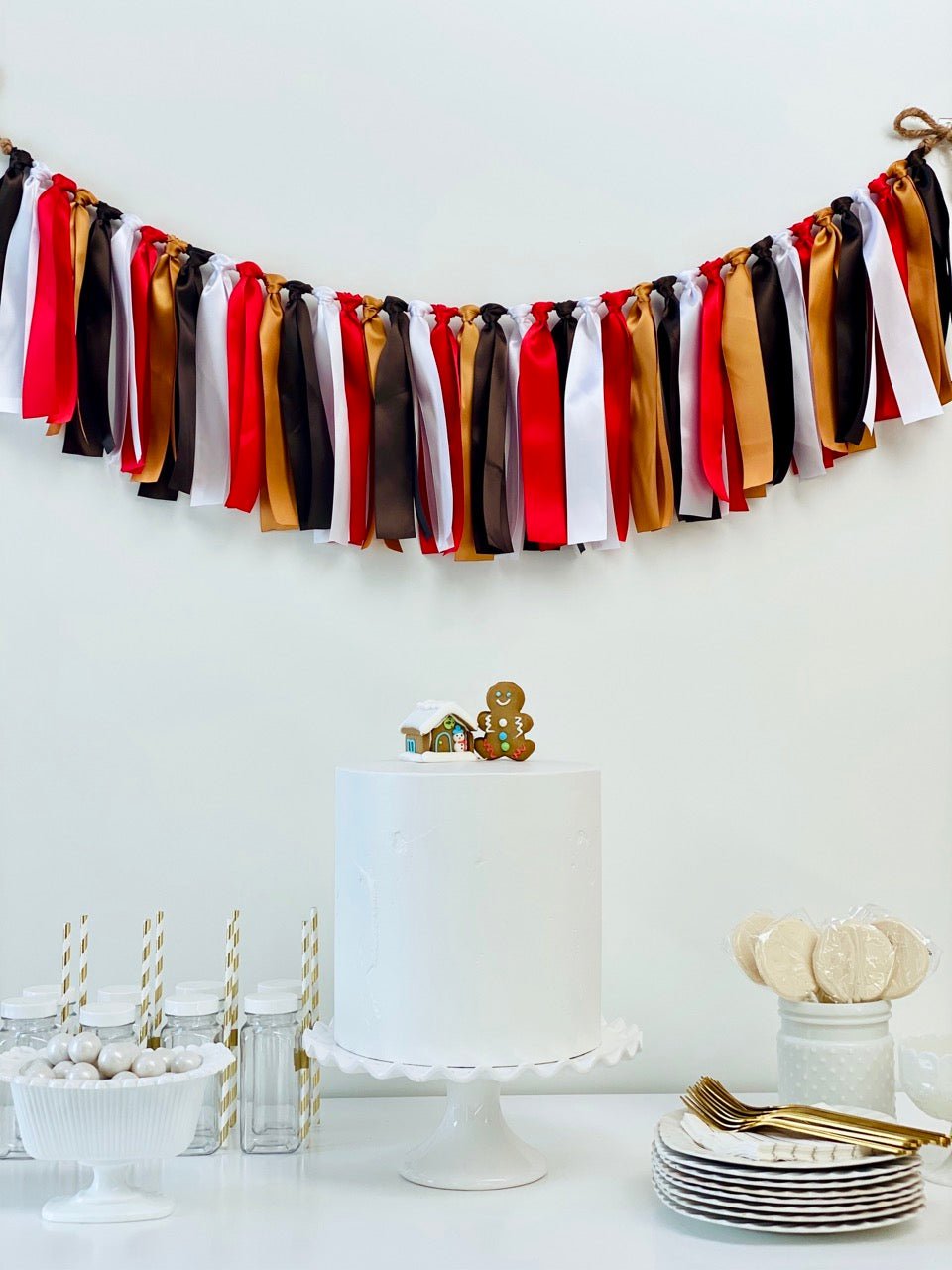 Gingerbread Ribbon Bunting - FREE Shipping - The Party Teacher - hung behind dessert table