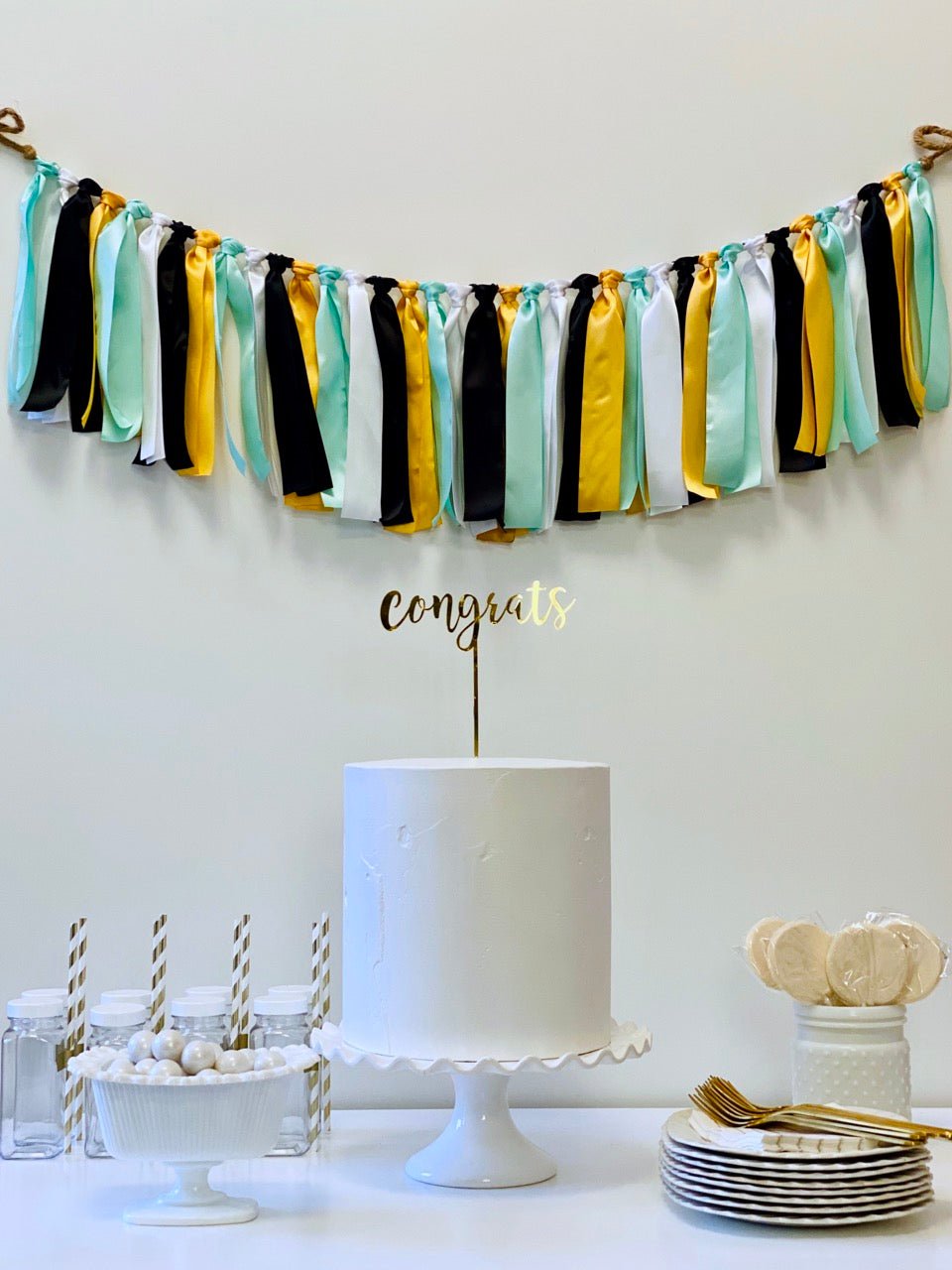 Mint Gold Ribbon Bunting - FREE Shipping - The Party Teacher - hung behind dessert table