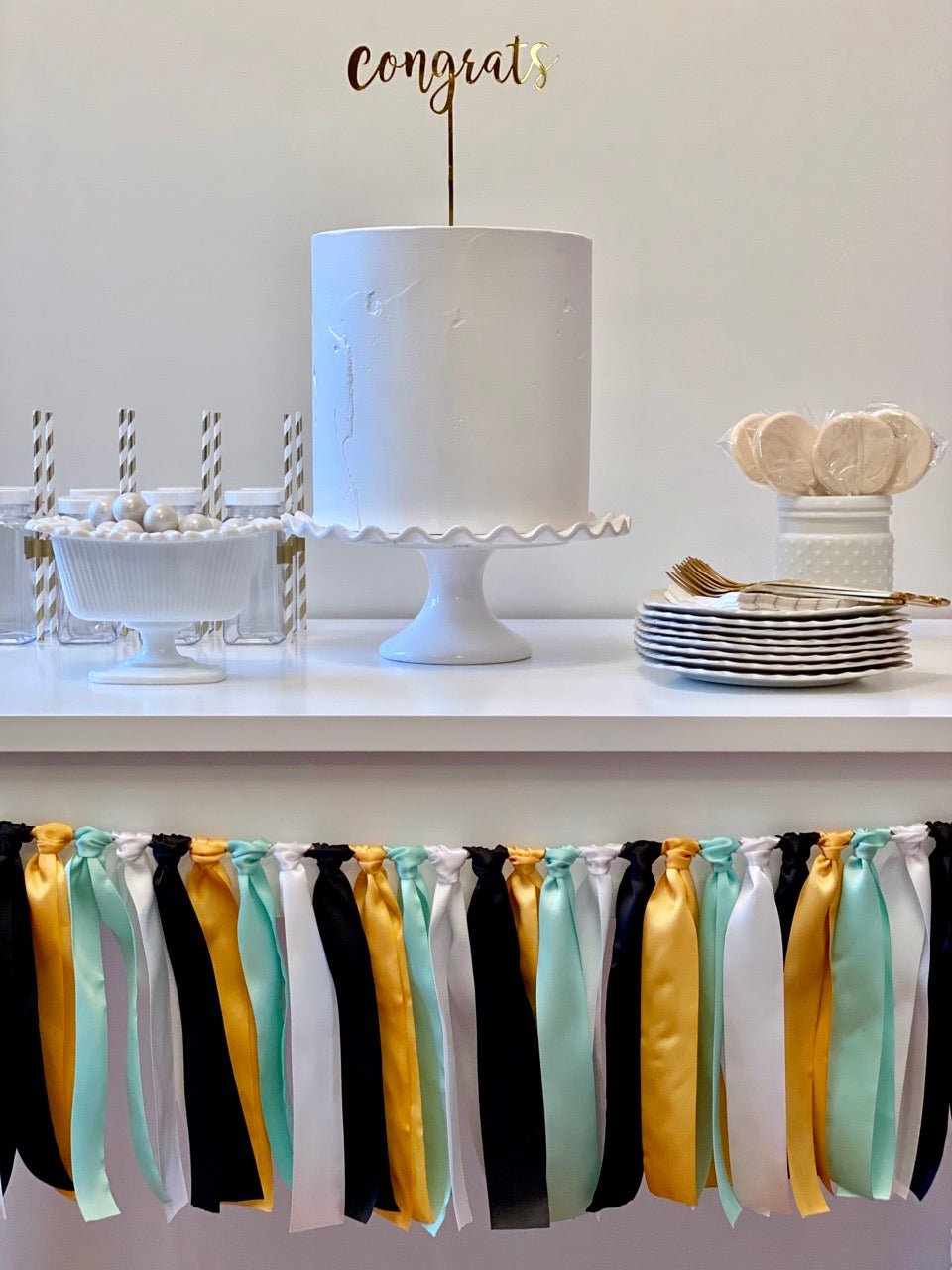 Mint Gold Ribbon Bunting - FREE Shipping - The Party Teacher - in front of dessert table