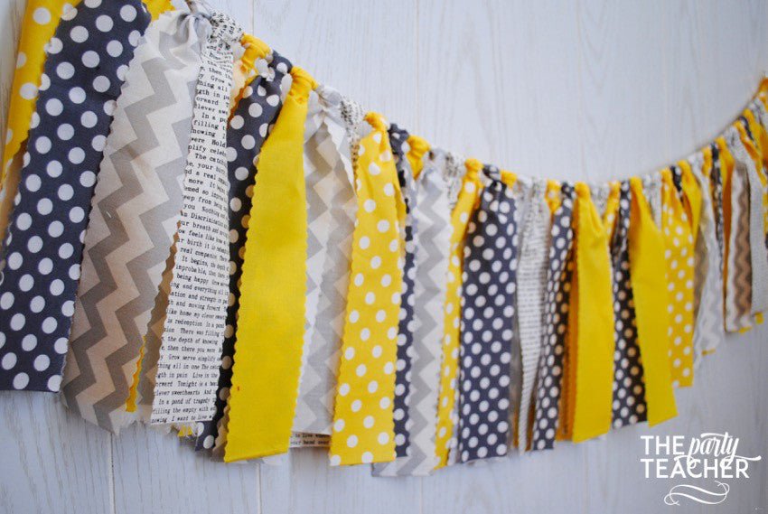 Mystery Party Yellow & Gray Fabric Bunting - FREE Shipping - The Party Teacher