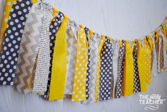 Mystery Party Yellow & Gray Fabric Bunting - FREE Shipping - The Party Teacher