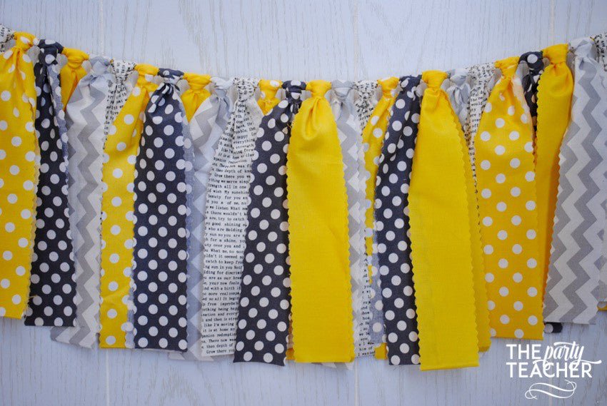 Mystery Party Yellow & Gray Fabric Bunting - FREE Shipping - The Party Teacher