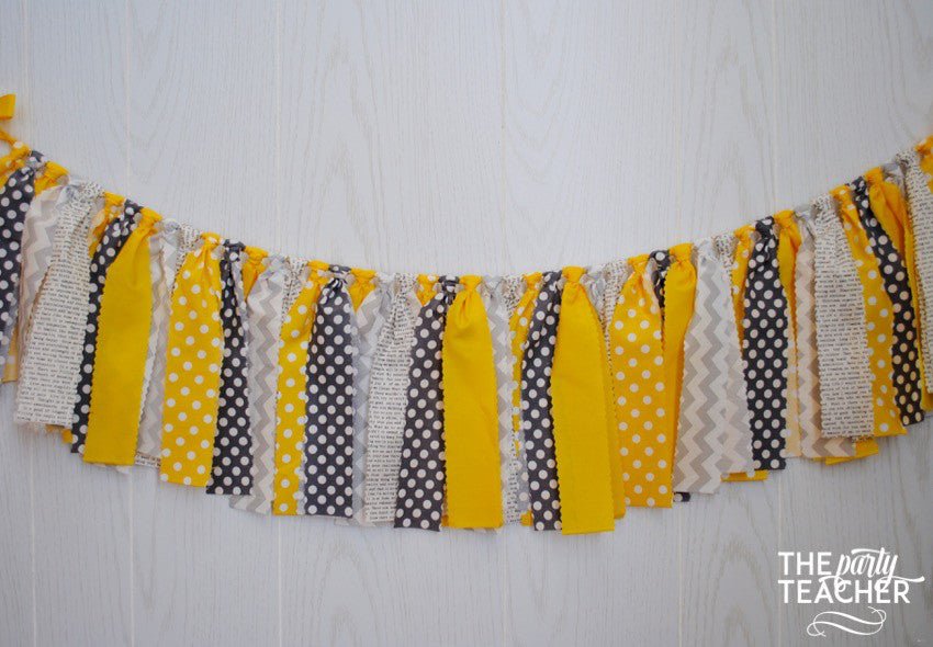 Mystery Party Yellow & Gray Fabric Bunting - FREE Shipping - The Party Teacher