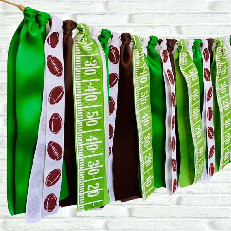 Football ribbon bunting - The Party Teacher  - green brown ribbon