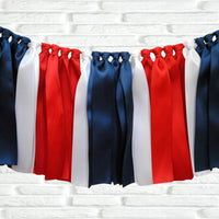 Navy red white ribbon bunting - The Party Teacher - close up