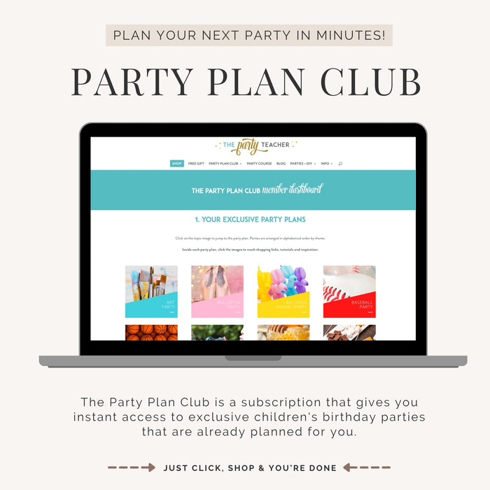 The Party Plan Club gives you instant access to exclusive children's birthday parties that are already planned for you