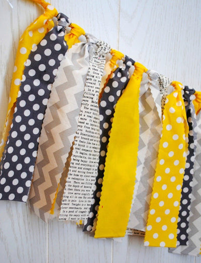 Mystery Party Yellow & Gray Fabric Bunting - FREE Shipping - The Party Teacher