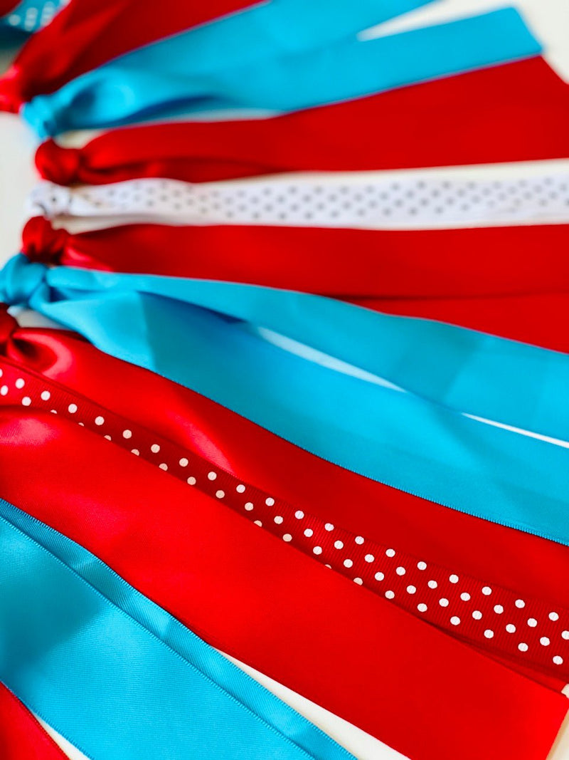 Red Aqua Ribbon Bunting - FREE Shipping - The Party Teacher - satin and polka dot ribbon