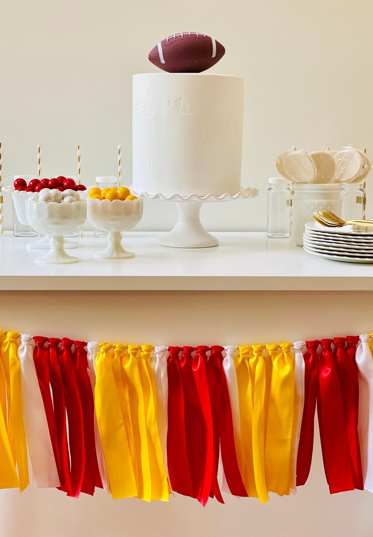 Red Yellow Ribbon Bunting - FREE Shipping - The Party Teacher - hung in front of dessert table