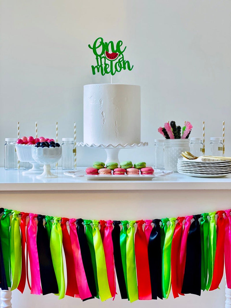 Watermelon Ribbon Bunting - FREE Shipping - The Party Teacher - hung in front of dessert table